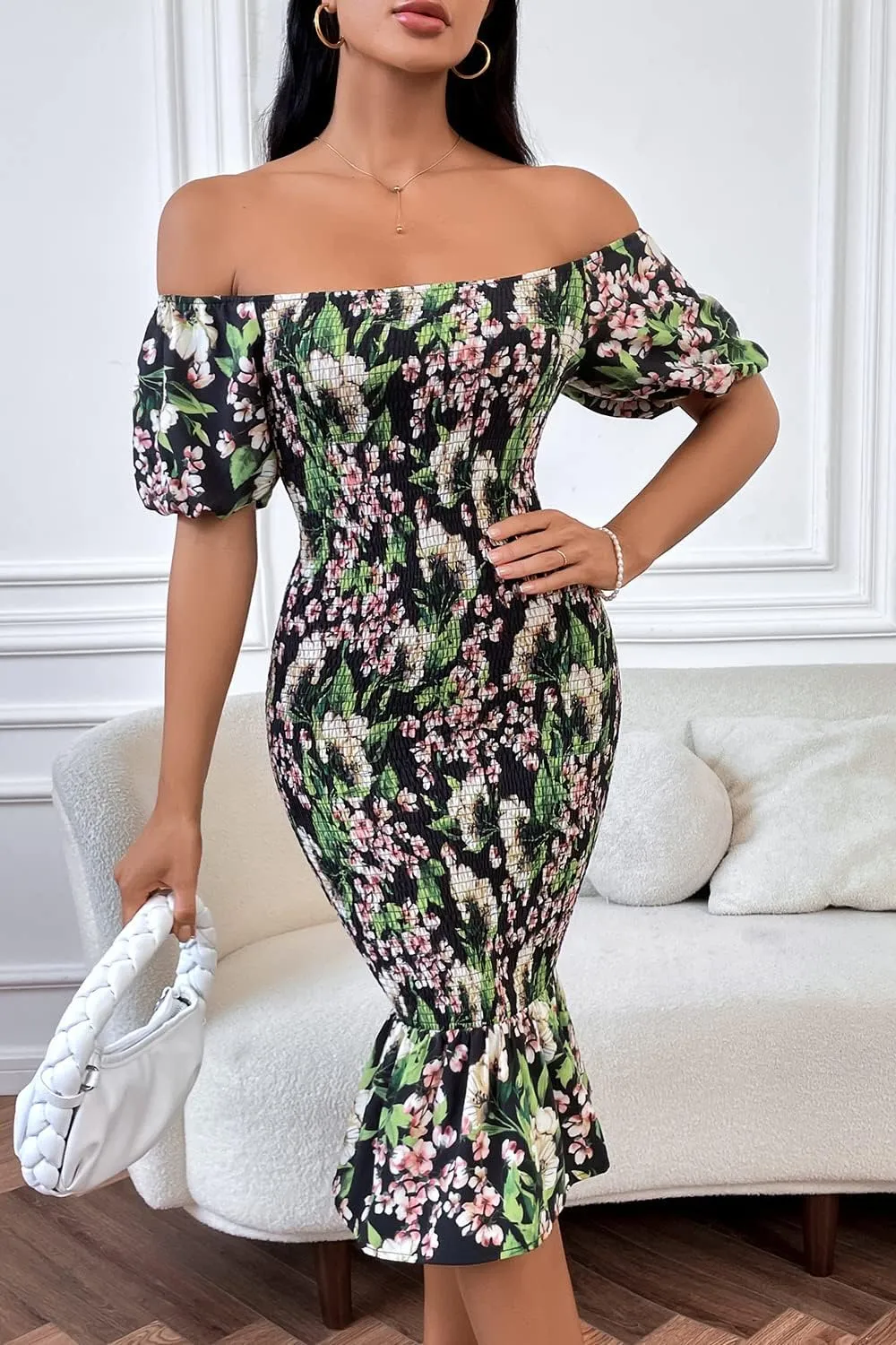 PRETTYGARDEN Bodycon Midi Dresses 2025 Summer Floral Puff Sleeve Mermaid Cocktail Baby Shower Photoshoot Maternity Dress