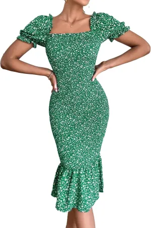 PRETTYGARDEN Bodycon Midi Dresses 2025 Summer Floral Puff Sleeve Mermaid Cocktail Baby Shower Photoshoot Maternity Dress