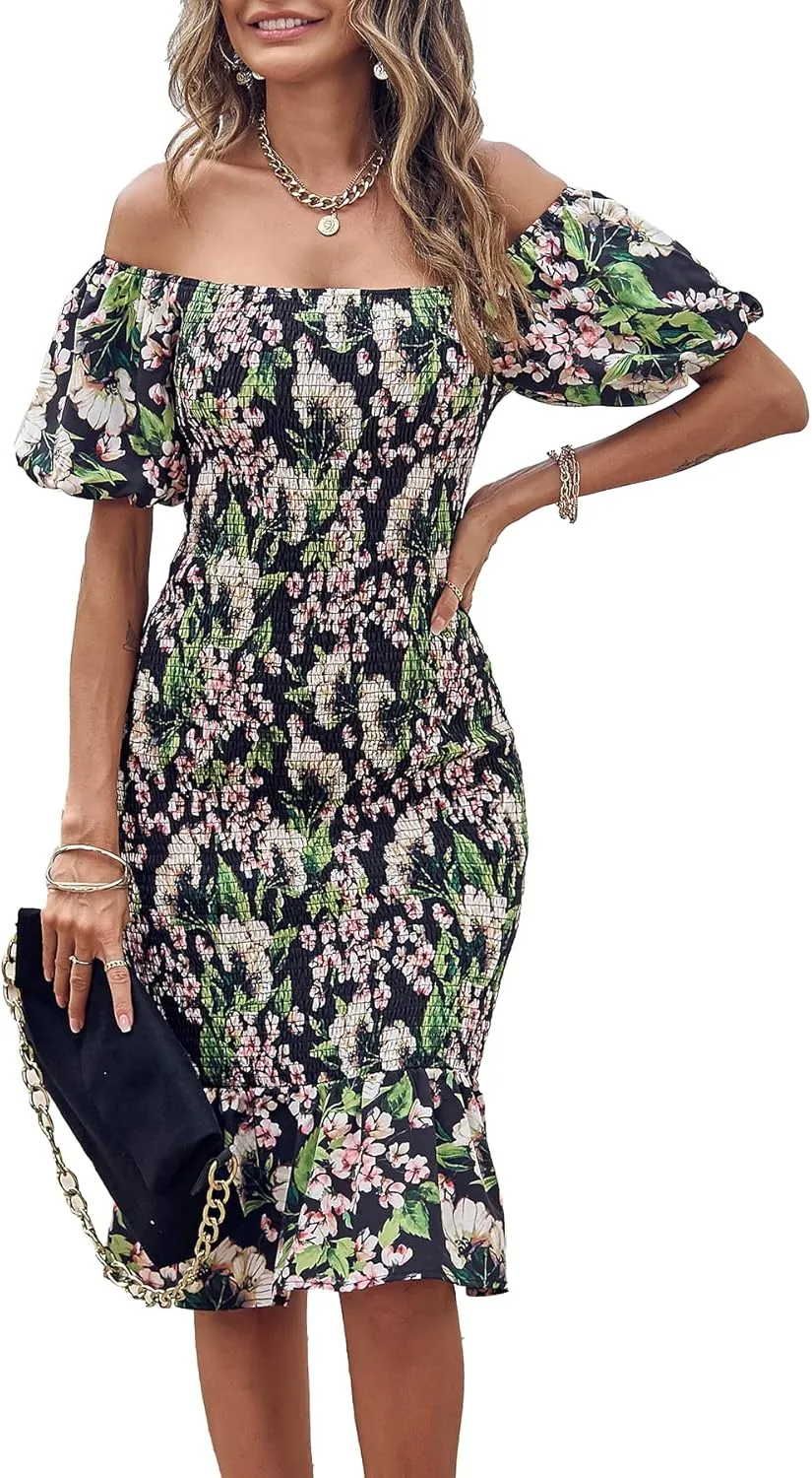 PRETTYGARDEN Bodycon Midi Dresses 2025 Summer Floral Puff Sleeve Mermaid Cocktail Baby Shower Photoshoot Maternity Dress