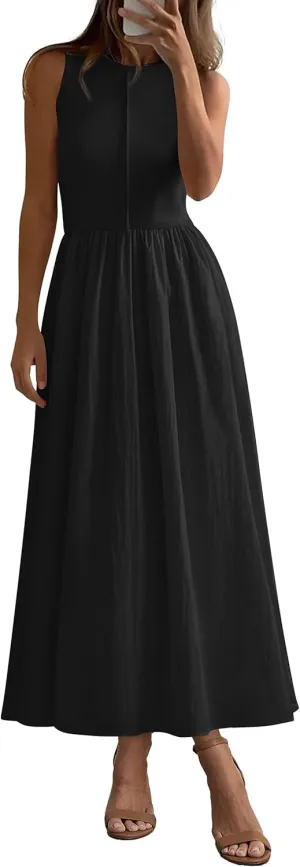 PRETTYGARDEN Women Maxi Dresses 2025 Summer Casual Sleeveless Patchwork Knit Tank Dress Flowy Beach Sundress Long Dress