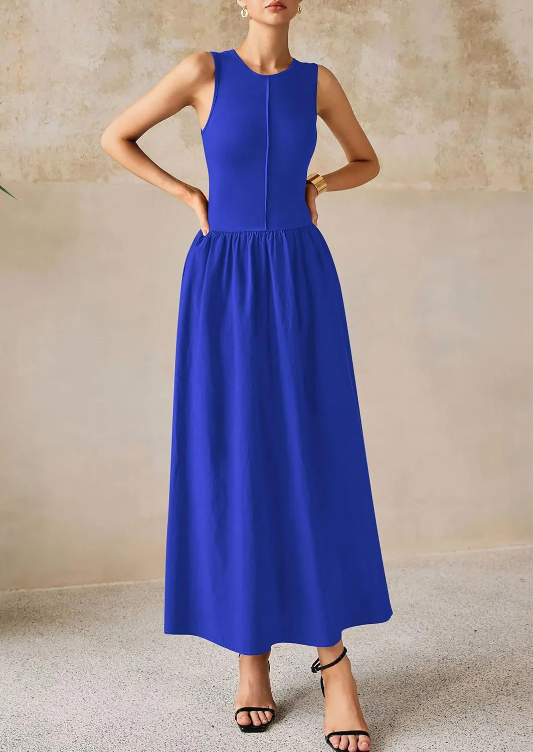 PRETTYGARDEN Women Maxi Dresses 2025 Summer Casual Sleeveless Patchwork Knit Tank Dress Flowy Beach Sundress Long Dress