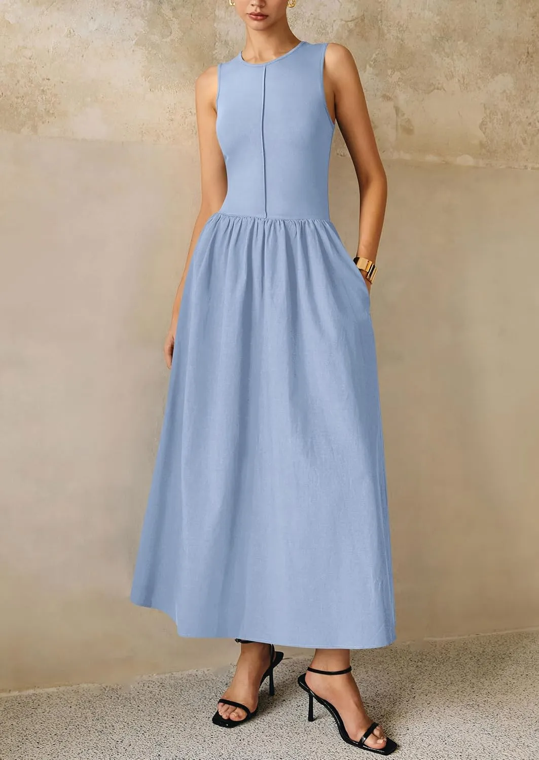 PRETTYGARDEN Women Maxi Dresses 2025 Summer Casual Sleeveless Patchwork Knit Tank Dress Flowy Beach Sundress Long Dress