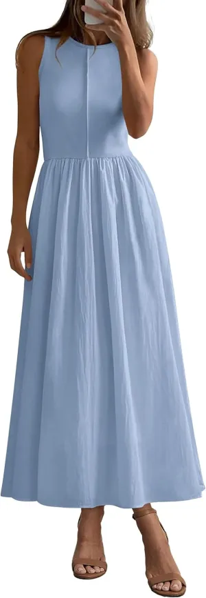 PRETTYGARDEN Women Maxi Dresses 2025 Summer Casual Sleeveless Patchwork Knit Tank Dress Flowy Beach Sundress Long Dress
