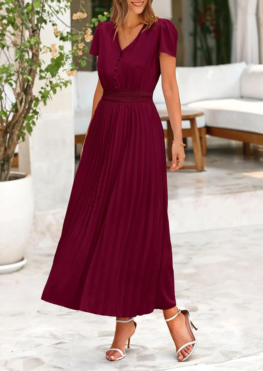 PRETTYGARDEN Women's Maxi Dresses 2025 Summer Trendy Cap Short Sleeve Button V Neck Casual Flowy Pleated Long Dress