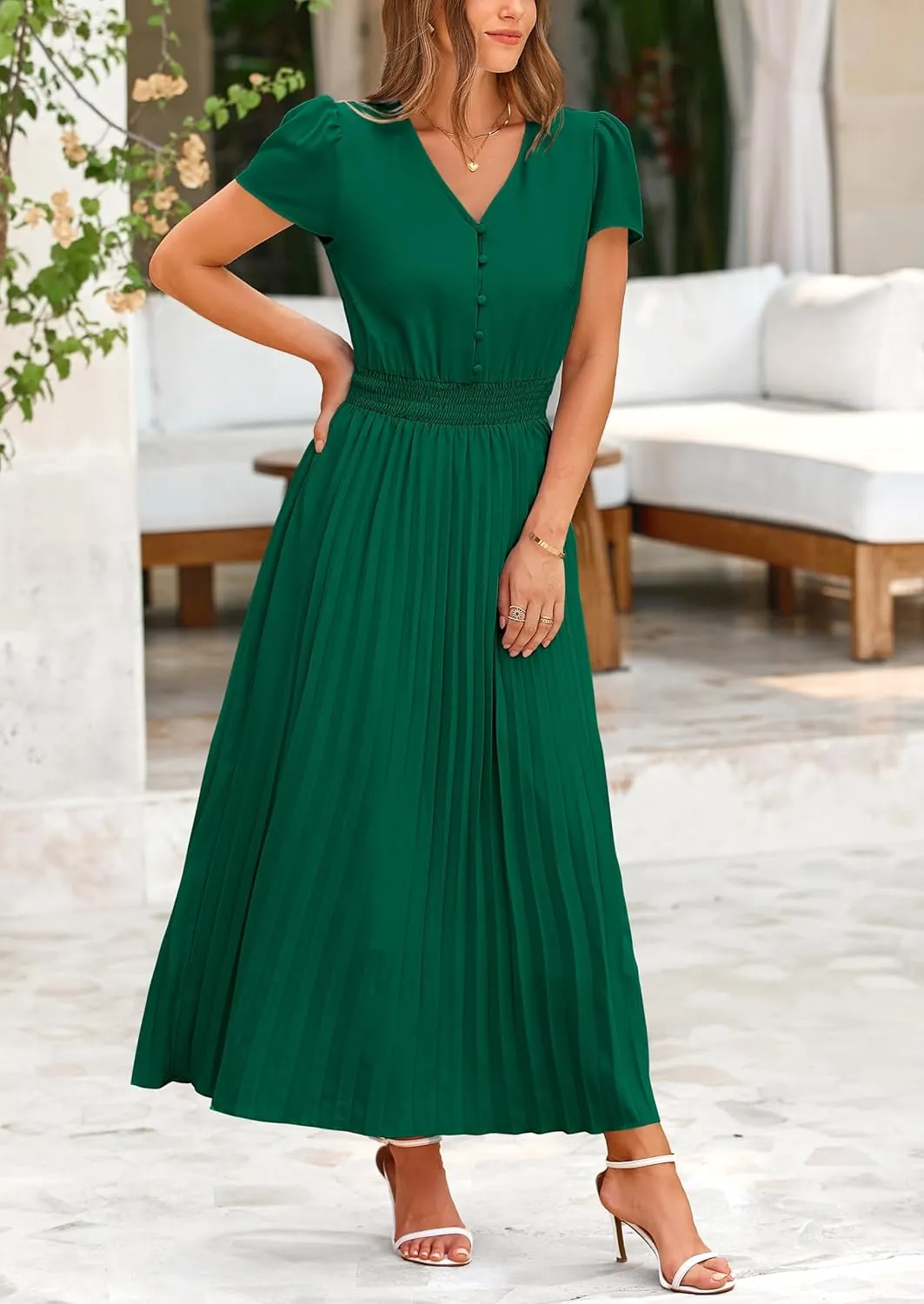 PRETTYGARDEN Women's Maxi Dresses 2025 Summer Trendy Cap Short Sleeve Button V Neck Casual Flowy Pleated Long Dress