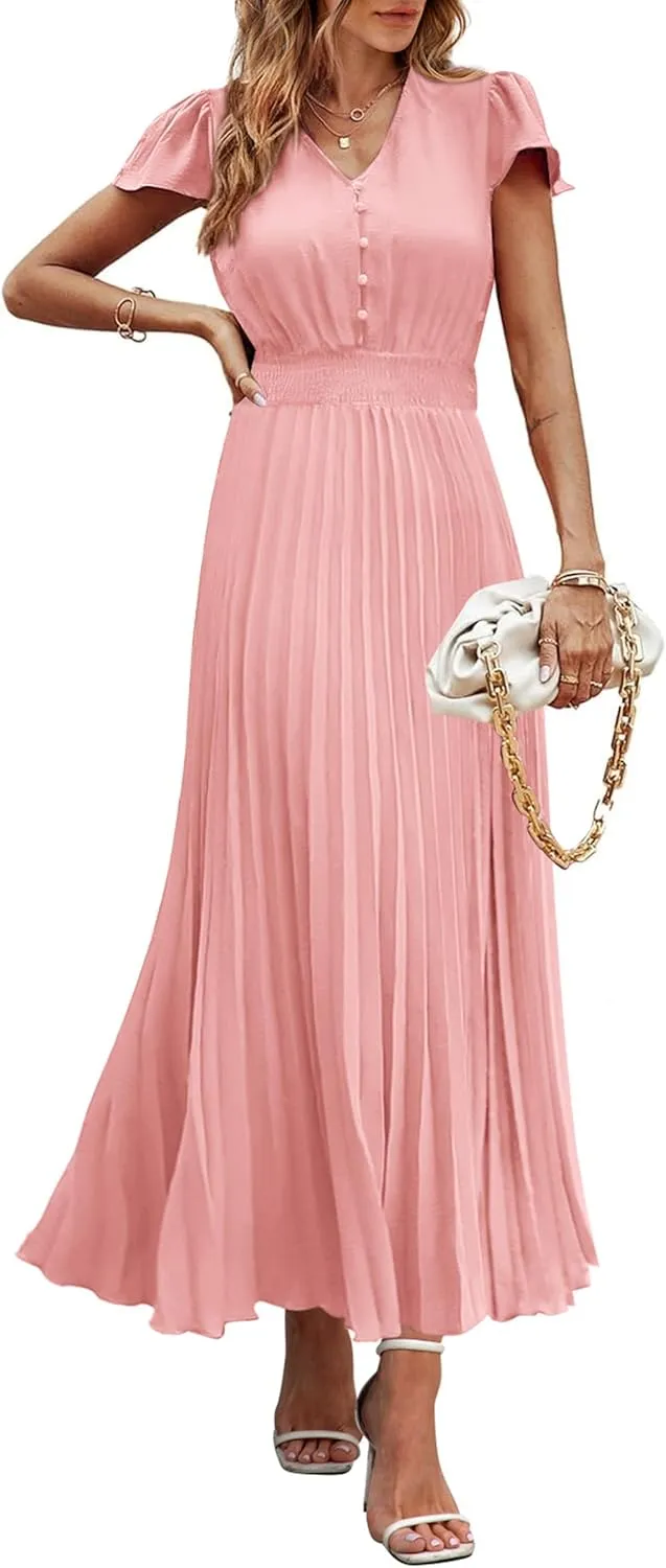 PRETTYGARDEN Women's Maxi Dresses 2025 Summer Trendy Cap Short Sleeve Button V Neck Casual Flowy Pleated Long Dress
