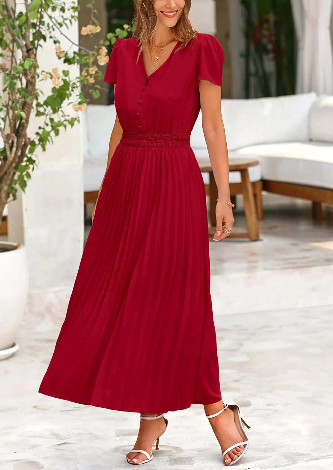PRETTYGARDEN Women's Maxi Dresses 2025 Summer Trendy Cap Short Sleeve Button V Neck Casual Flowy Pleated Long Dress