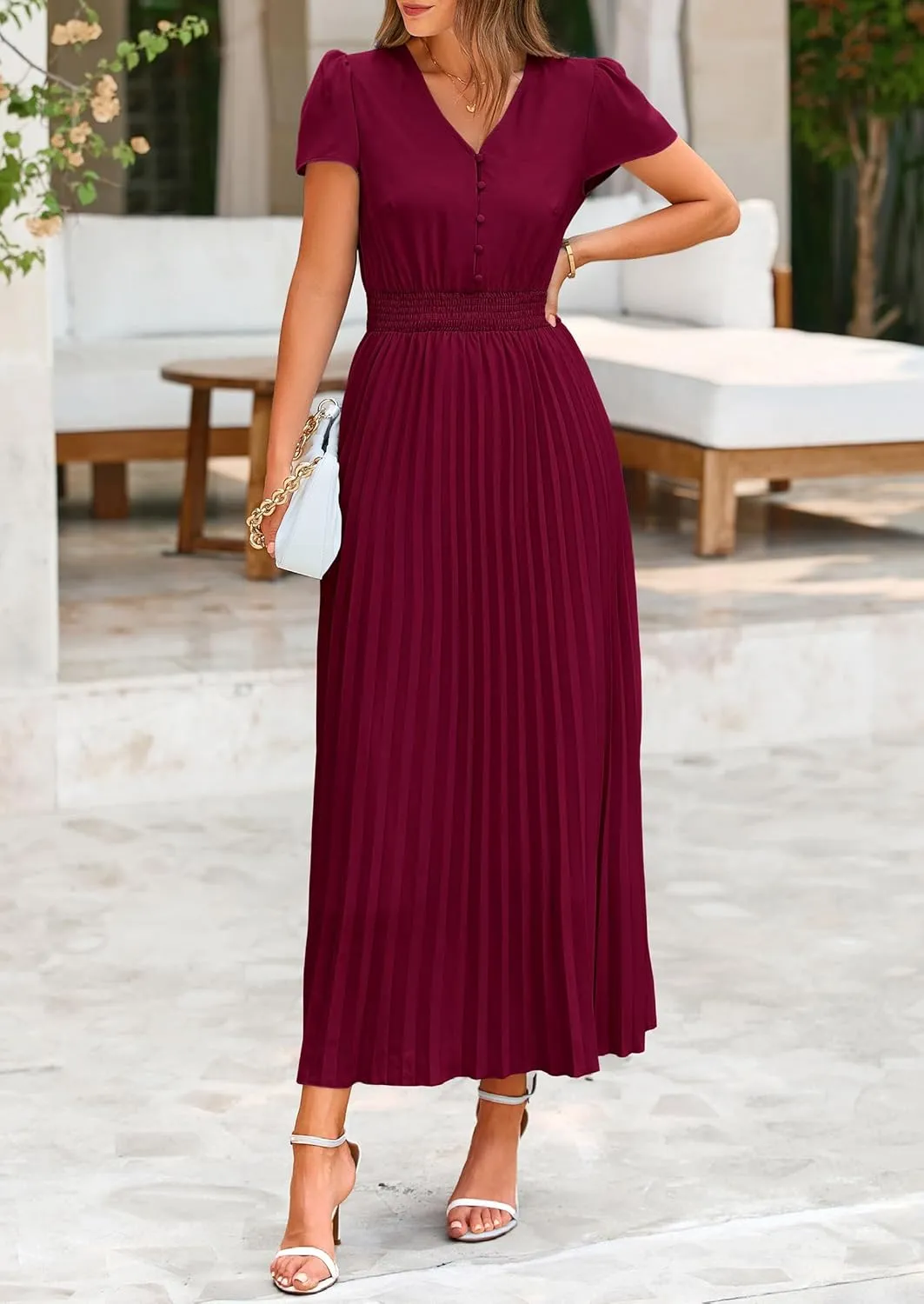 PRETTYGARDEN Women's Maxi Dresses 2025 Summer Trendy Cap Short Sleeve Button V Neck Casual Flowy Pleated Long Dress