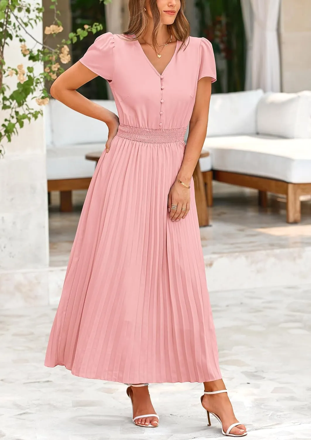 PRETTYGARDEN Women's Maxi Dresses 2025 Summer Trendy Cap Short Sleeve Button V Neck Casual Flowy Pleated Long Dress