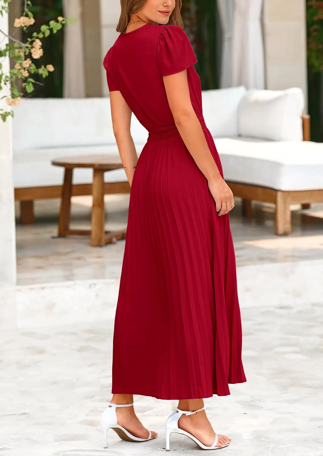 PRETTYGARDEN Women's Maxi Dresses 2025 Summer Trendy Cap Short Sleeve Button V Neck Casual Flowy Pleated Long Dress
