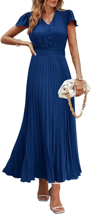 PRETTYGARDEN Women's Maxi Dresses 2025 Summer Trendy Cap Short Sleeve Button V Neck Casual Flowy Pleated Long Dress