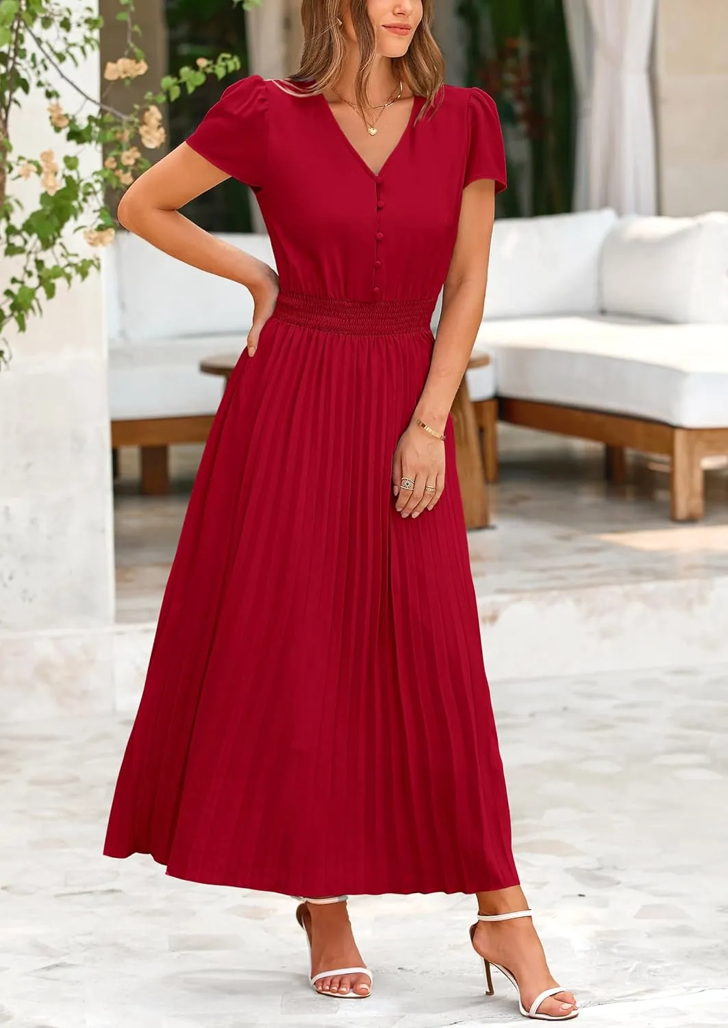 PRETTYGARDEN Women's Maxi Dresses 2025 Summer Trendy Cap Short Sleeve Button V Neck Casual Flowy Pleated Long Dress