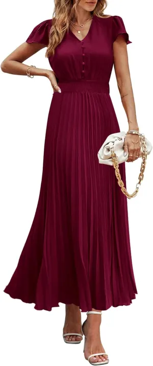 PRETTYGARDEN Women's Maxi Dresses 2025 Summer Trendy Cap Short Sleeve Button V Neck Casual Flowy Pleated Long Dress
