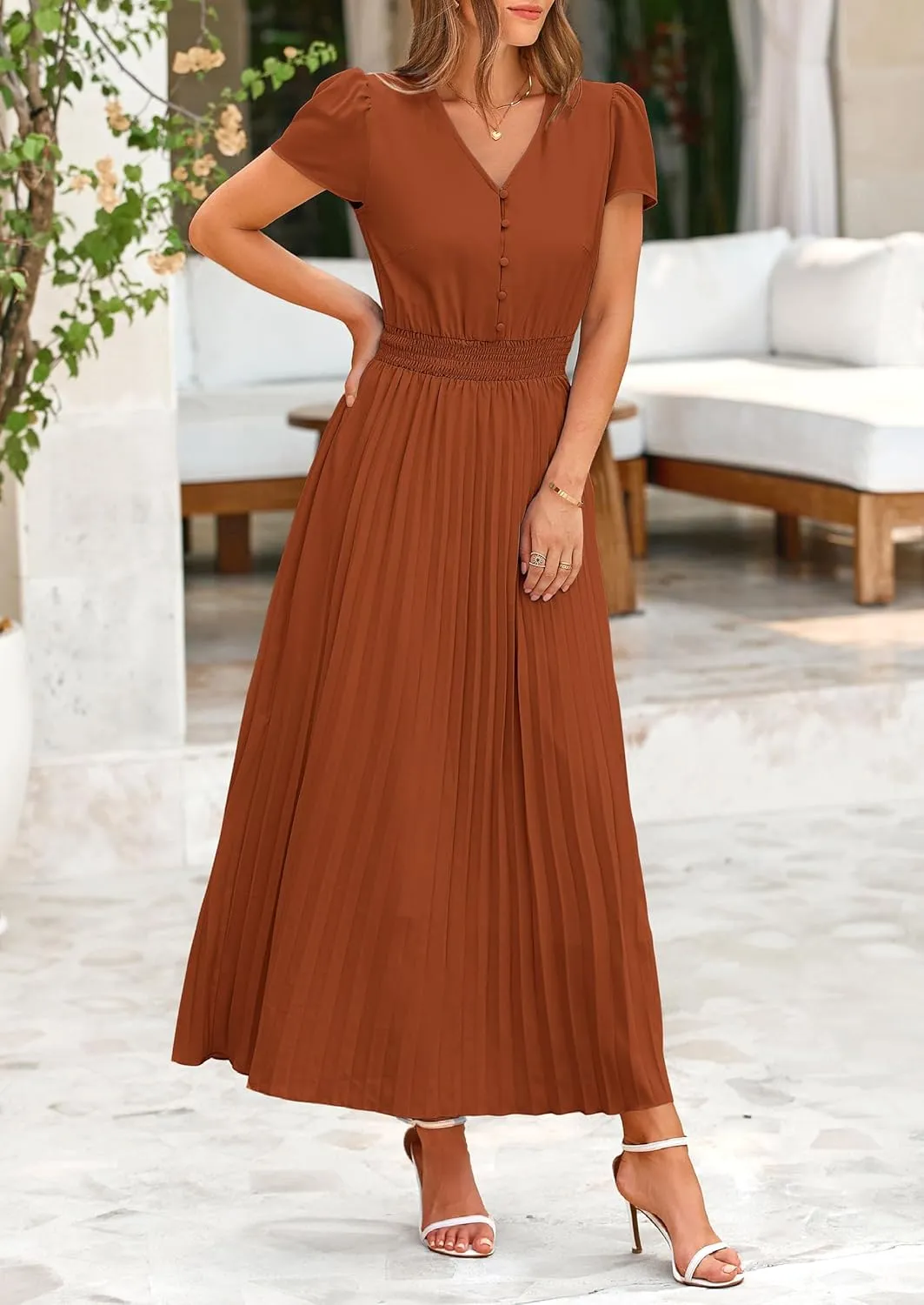 PRETTYGARDEN Women's Maxi Dresses 2025 Summer Trendy Cap Short Sleeve Button V Neck Casual Flowy Pleated Long Dress