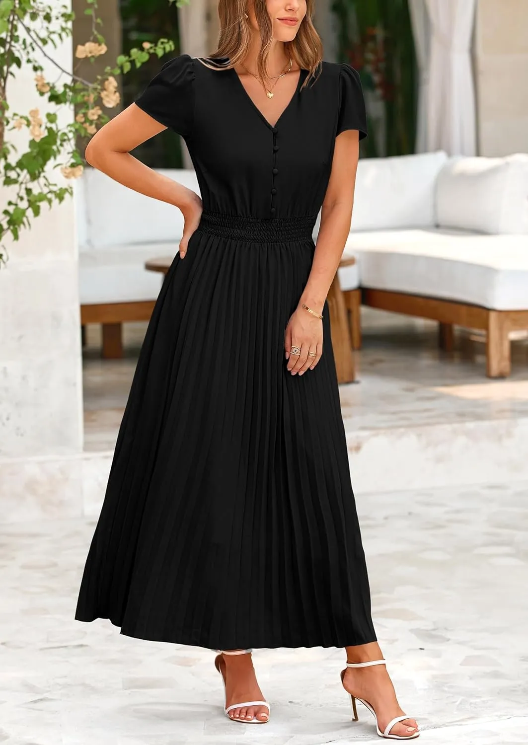 PRETTYGARDEN Women's Maxi Dresses 2025 Summer Trendy Cap Short Sleeve Button V Neck Casual Flowy Pleated Long Dress