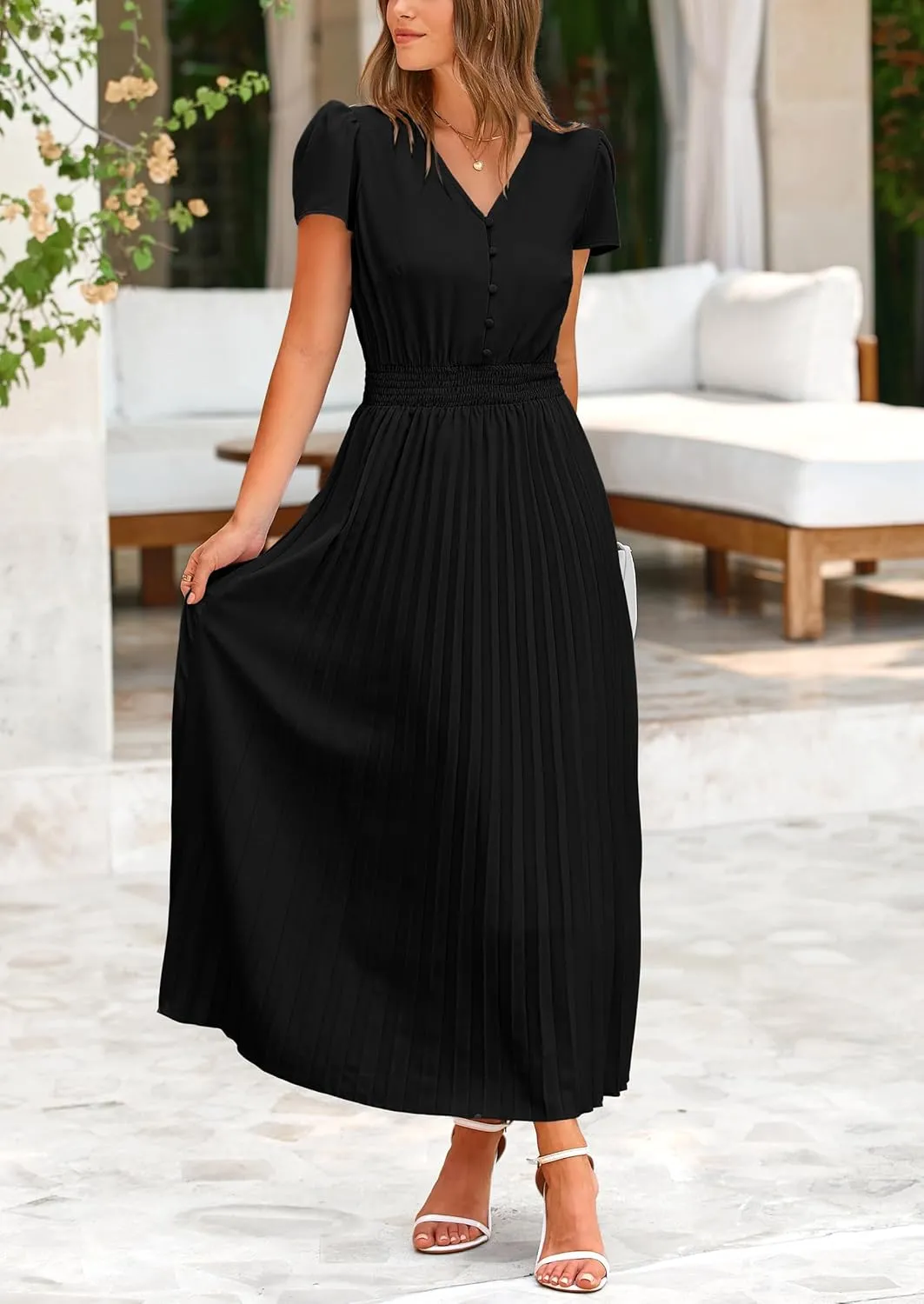 PRETTYGARDEN Women's Maxi Dresses 2025 Summer Trendy Cap Short Sleeve Button V Neck Casual Flowy Pleated Long Dress