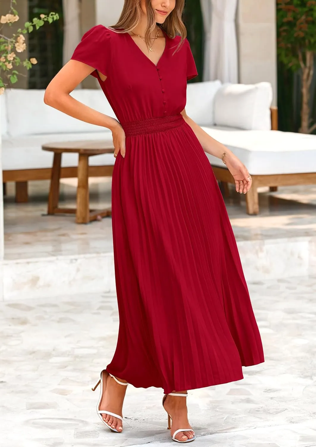 PRETTYGARDEN Women's Maxi Dresses 2025 Summer Trendy Cap Short Sleeve Button V Neck Casual Flowy Pleated Long Dress
