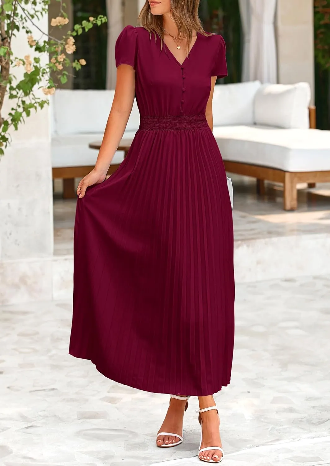 PRETTYGARDEN Women's Maxi Dresses 2025 Summer Trendy Cap Short Sleeve Button V Neck Casual Flowy Pleated Long Dress
