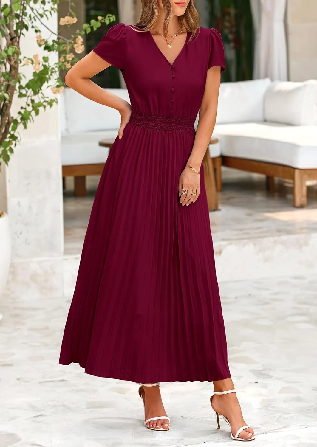 PRETTYGARDEN Women's Maxi Dresses 2025 Summer Trendy Cap Short Sleeve Button V Neck Casual Flowy Pleated Long Dress