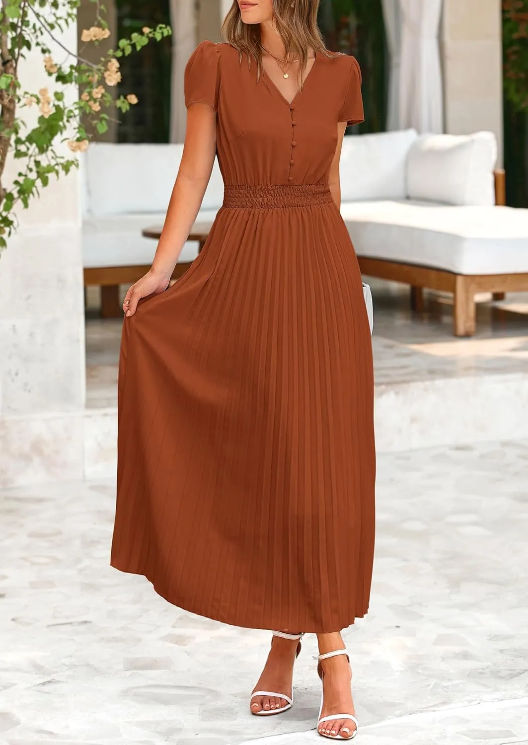 PRETTYGARDEN Women's Maxi Dresses 2025 Summer Trendy Cap Short Sleeve Button V Neck Casual Flowy Pleated Long Dress