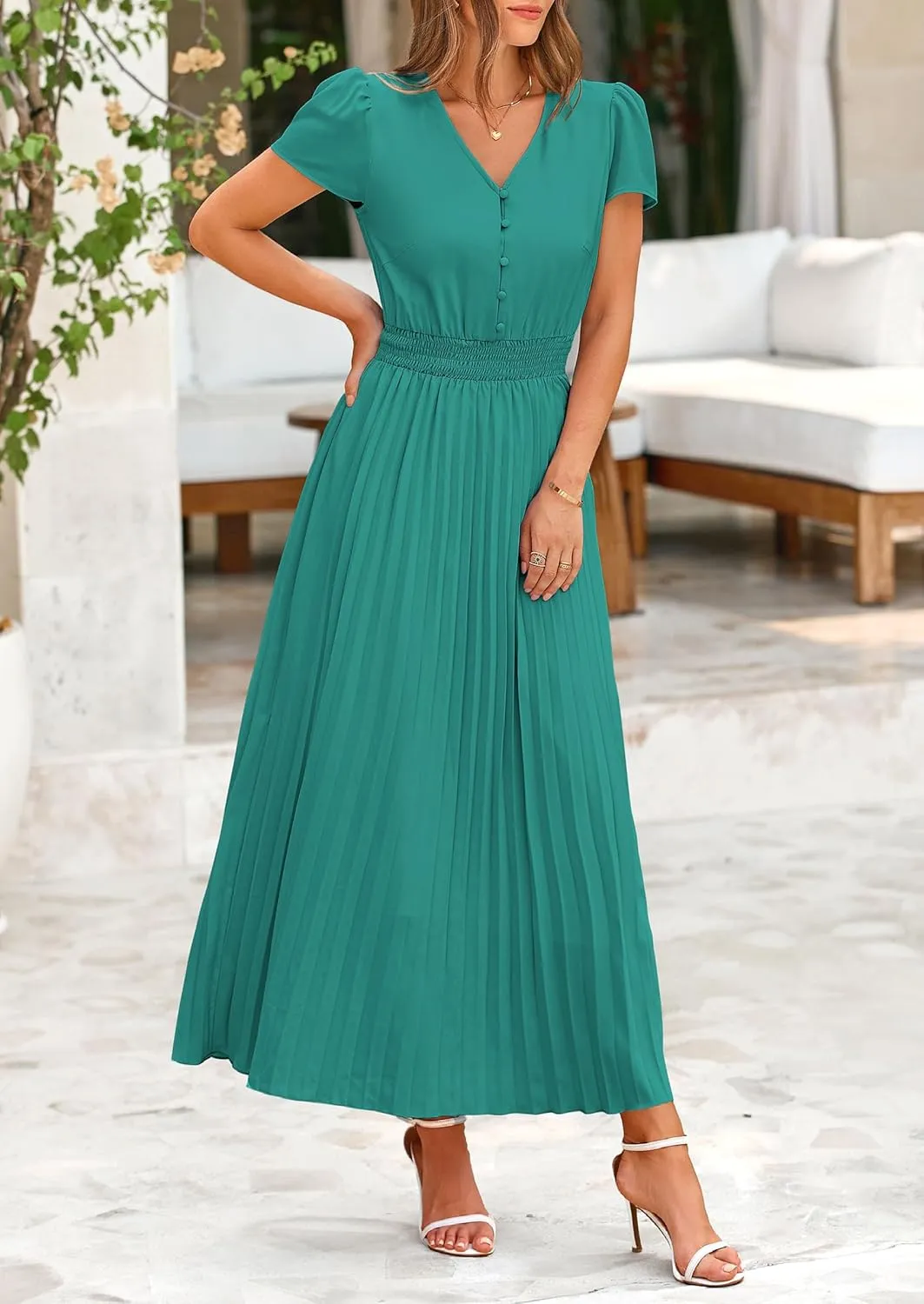 PRETTYGARDEN Women's Maxi Dresses 2025 Summer Trendy Cap Short Sleeve Button V Neck Casual Flowy Pleated Long Dress