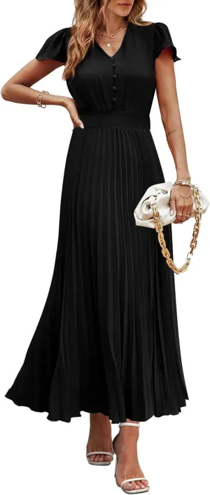 PRETTYGARDEN Women's Maxi Dresses 2025 Summer Trendy Cap Short Sleeve Button V Neck Casual Flowy Pleated Long Dress
