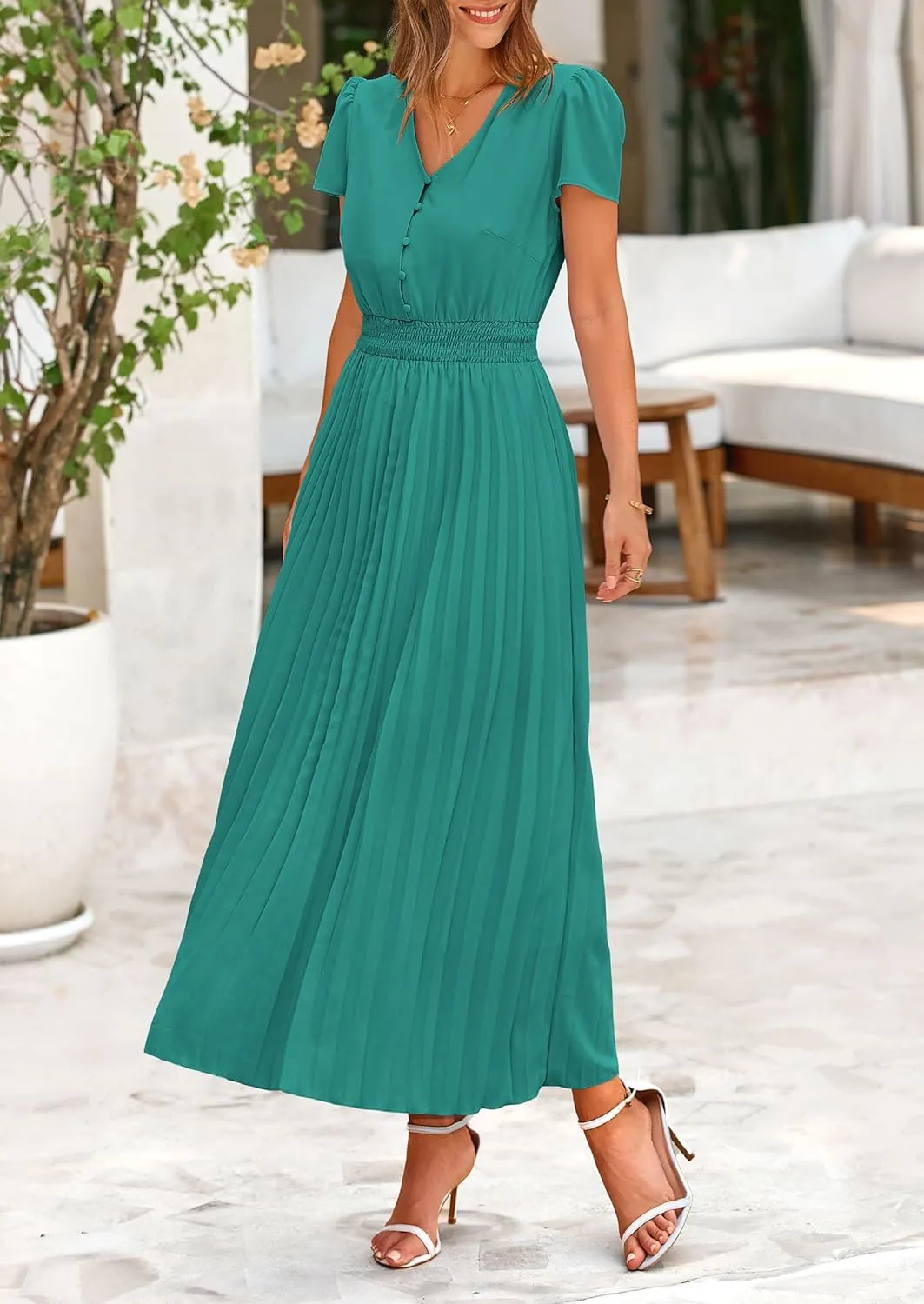 PRETTYGARDEN Women's Maxi Dresses 2025 Summer Trendy Cap Short Sleeve Button V Neck Casual Flowy Pleated Long Dress