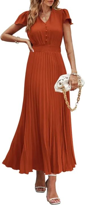PRETTYGARDEN Women's Maxi Dresses 2025 Summer Trendy Cap Short Sleeve Button V Neck Casual Flowy Pleated Long Dress