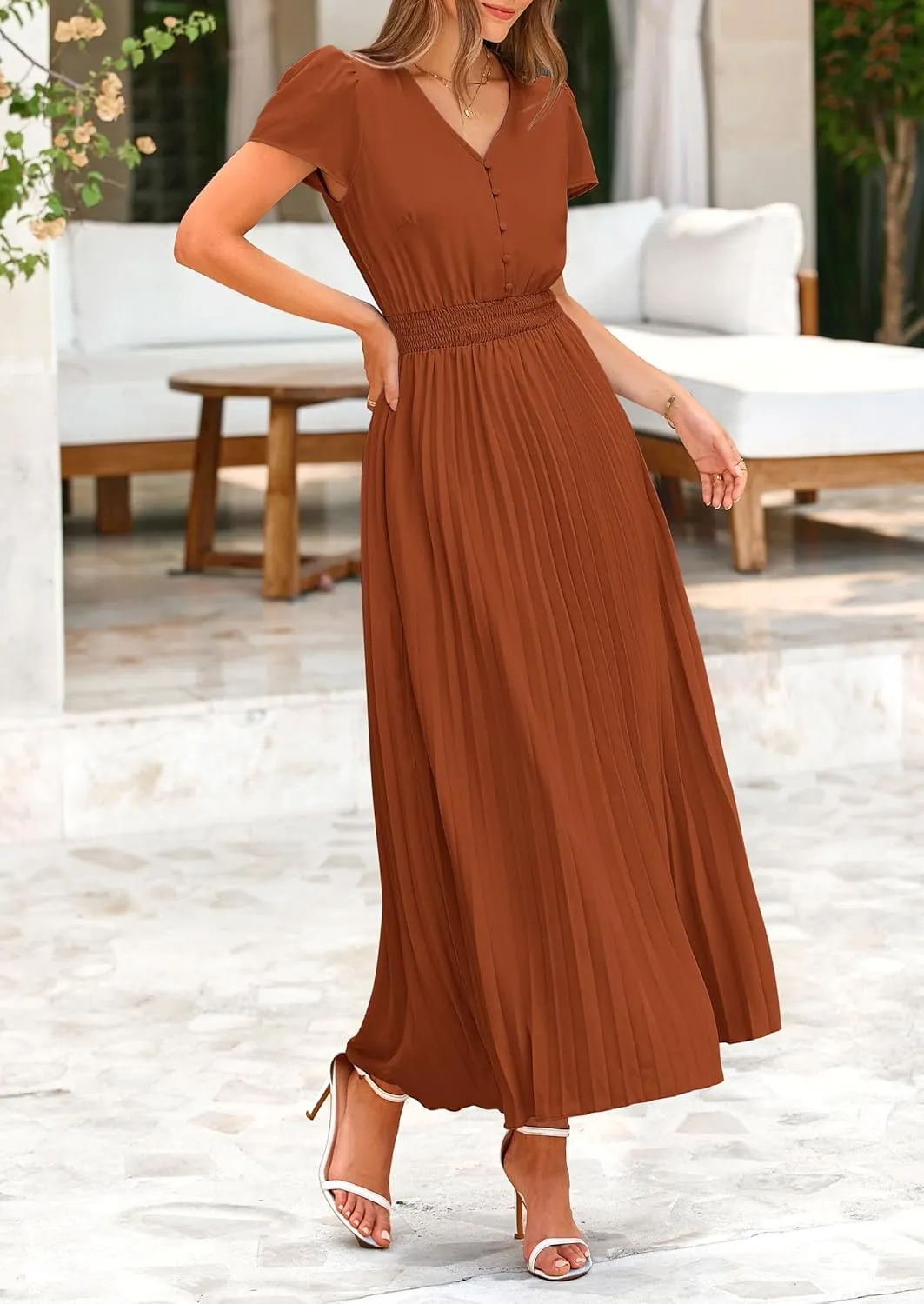 PRETTYGARDEN Women's Maxi Dresses 2025 Summer Trendy Cap Short Sleeve Button V Neck Casual Flowy Pleated Long Dress