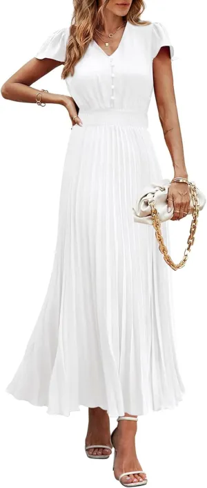 PRETTYGARDEN Women's Maxi Dresses 2025 Summer Trendy Cap Short Sleeve Button V Neck Casual Flowy Pleated Long Dress