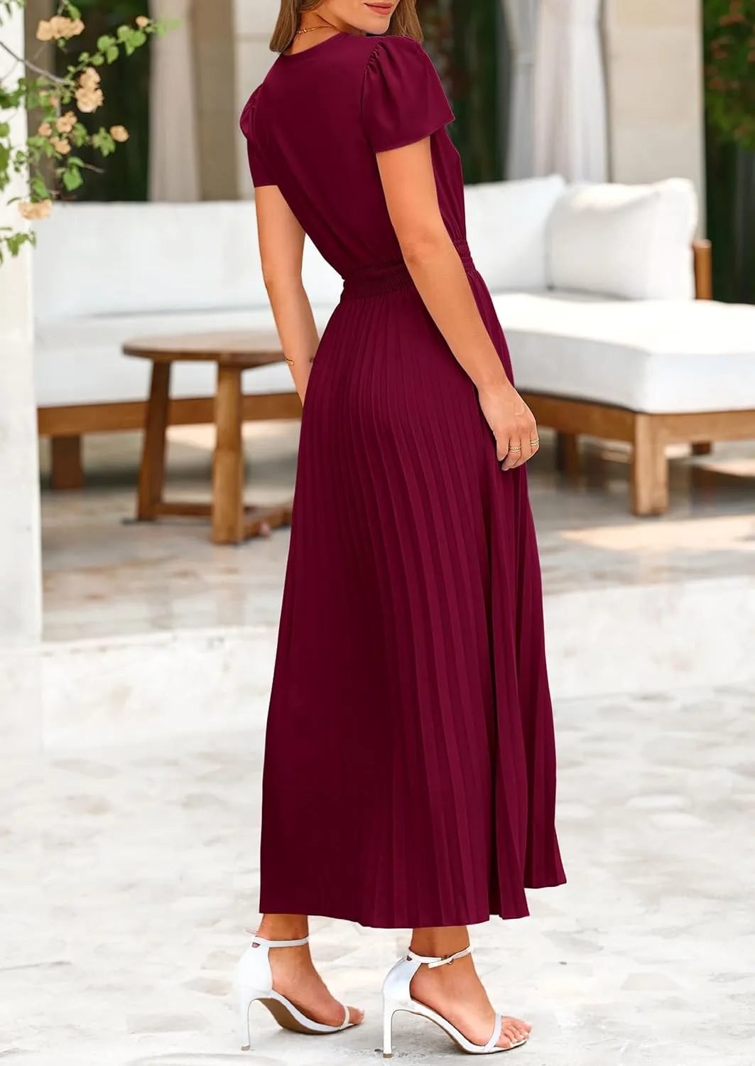 PRETTYGARDEN Women's Maxi Dresses 2025 Summer Trendy Cap Short Sleeve Button V Neck Casual Flowy Pleated Long Dress