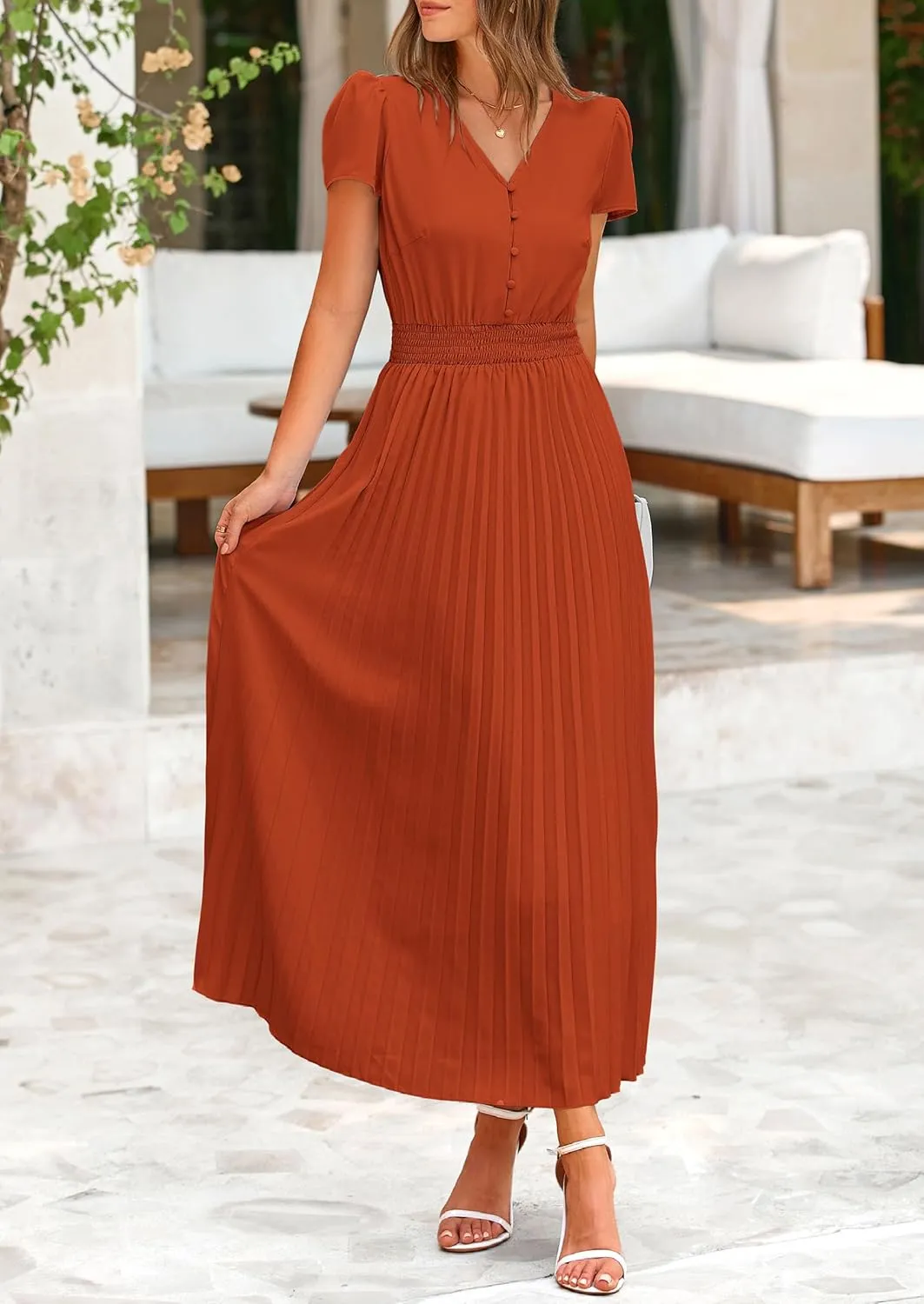 PRETTYGARDEN Women's Maxi Dresses 2025 Summer Trendy Cap Short Sleeve Button V Neck Casual Flowy Pleated Long Dress