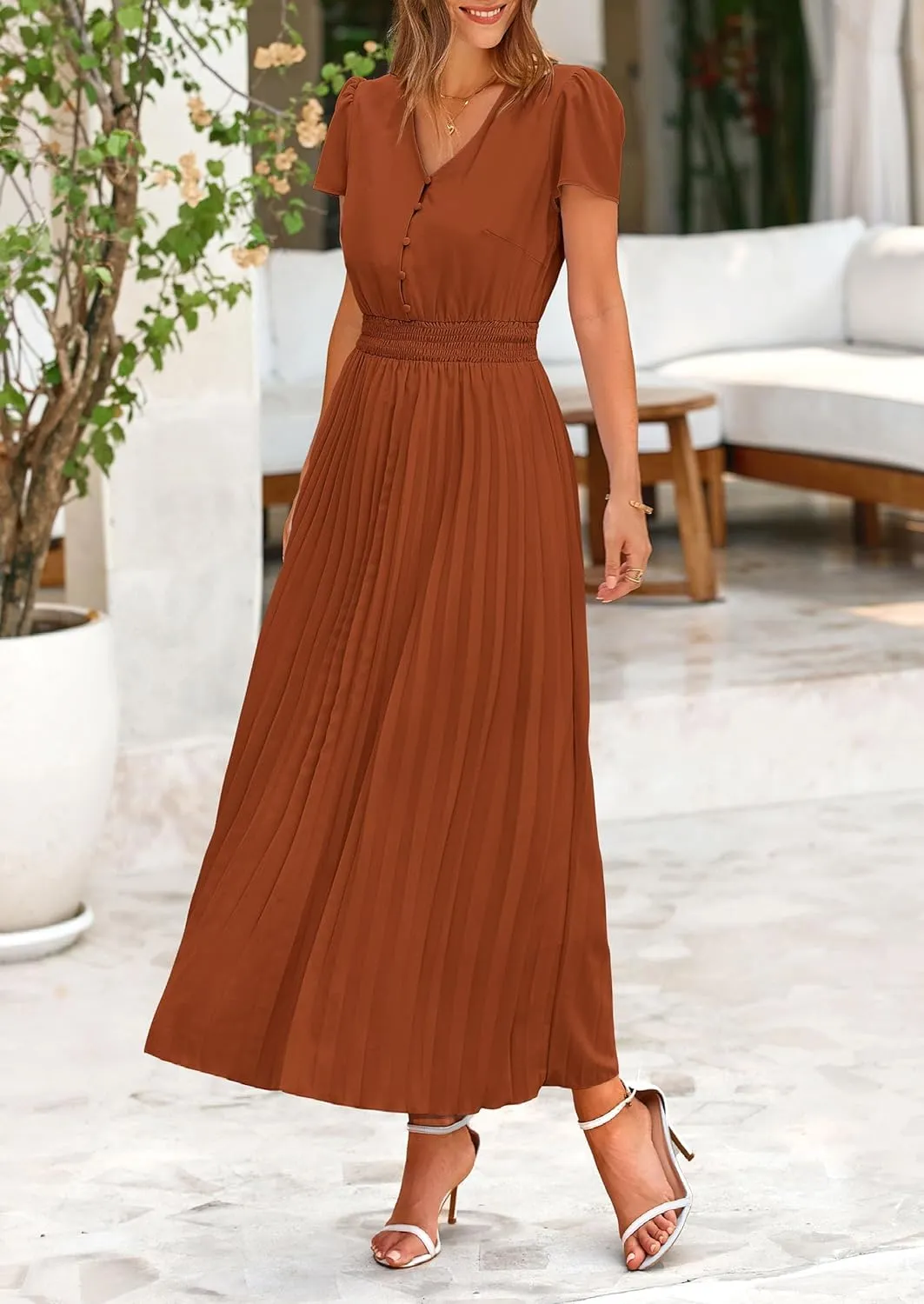 PRETTYGARDEN Women's Maxi Dresses 2025 Summer Trendy Cap Short Sleeve Button V Neck Casual Flowy Pleated Long Dress