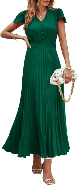 PRETTYGARDEN Women's Maxi Dresses 2025 Summer Trendy Cap Short Sleeve Button V Neck Casual Flowy Pleated Long Dress