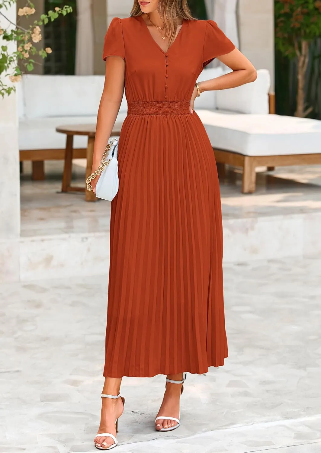 PRETTYGARDEN Women's Maxi Dresses 2025 Summer Trendy Cap Short Sleeve Button V Neck Casual Flowy Pleated Long Dress