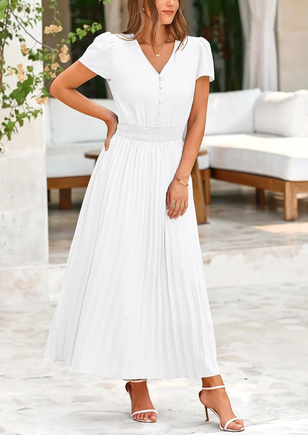 PRETTYGARDEN Women's Maxi Dresses 2025 Summer Trendy Cap Short Sleeve Button V Neck Casual Flowy Pleated Long Dress