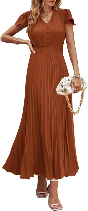 PRETTYGARDEN Women's Maxi Dresses 2025 Summer Trendy Cap Short Sleeve Button V Neck Casual Flowy Pleated Long Dress