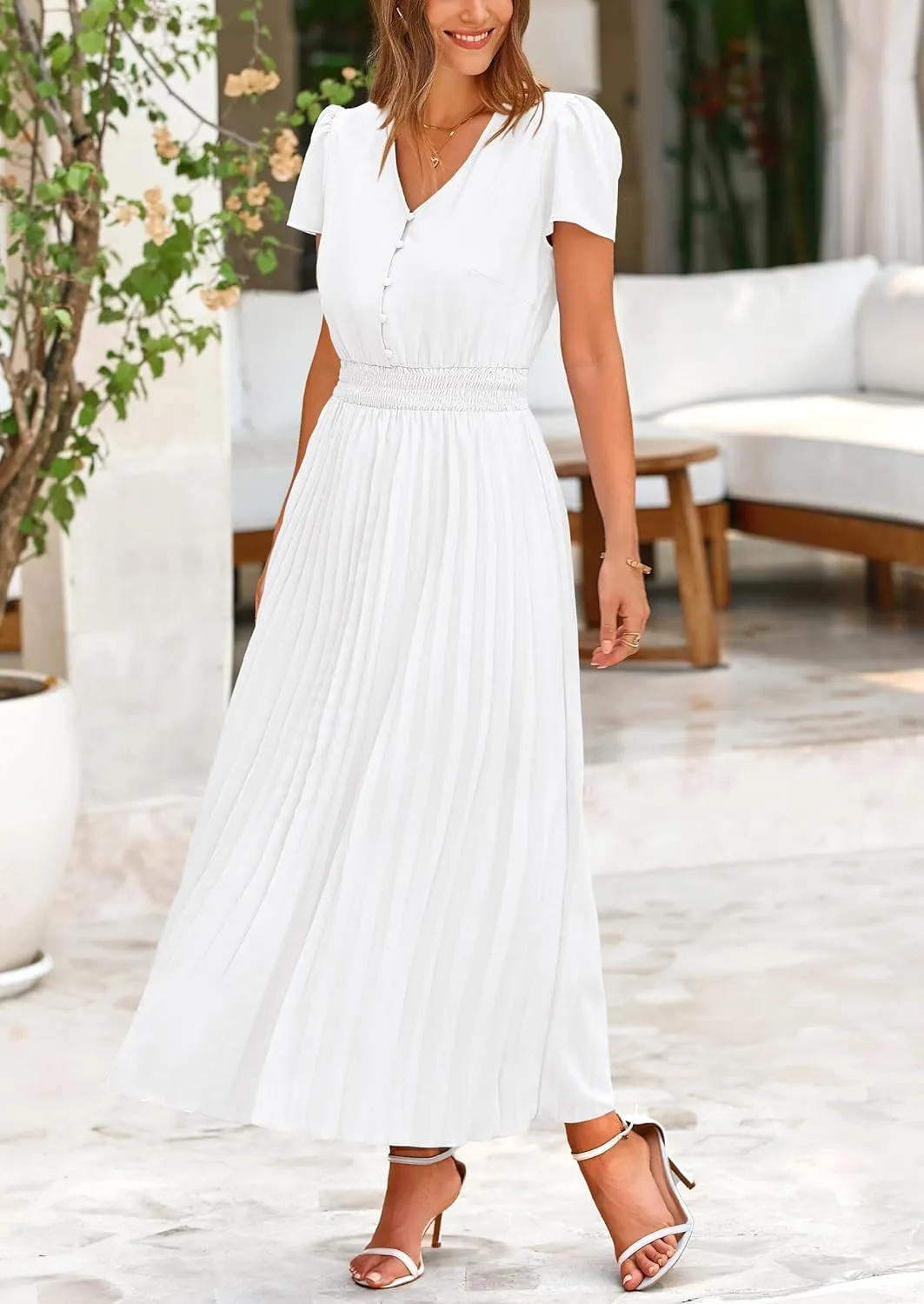 PRETTYGARDEN Women's Maxi Dresses 2025 Summer Trendy Cap Short Sleeve Button V Neck Casual Flowy Pleated Long Dress