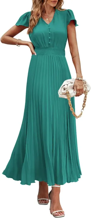 PRETTYGARDEN Women's Maxi Dresses 2025 Summer Trendy Cap Short Sleeve Button V Neck Casual Flowy Pleated Long Dress