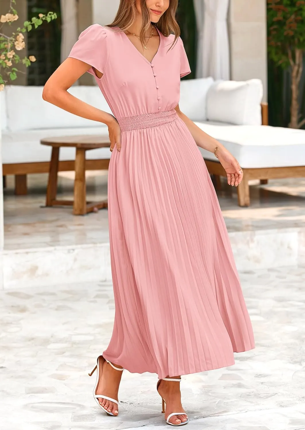 PRETTYGARDEN Women's Maxi Dresses 2025 Summer Trendy Cap Short Sleeve Button V Neck Casual Flowy Pleated Long Dress
