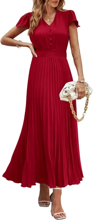 PRETTYGARDEN Women's Maxi Dresses 2025 Summer Trendy Cap Short Sleeve Button V Neck Casual Flowy Pleated Long Dress