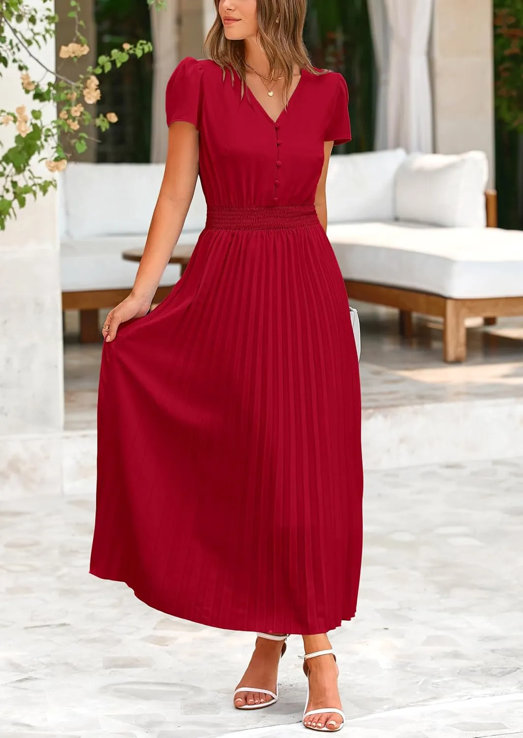 PRETTYGARDEN Women's Maxi Dresses 2025 Summer Trendy Cap Short Sleeve Button V Neck Casual Flowy Pleated Long Dress