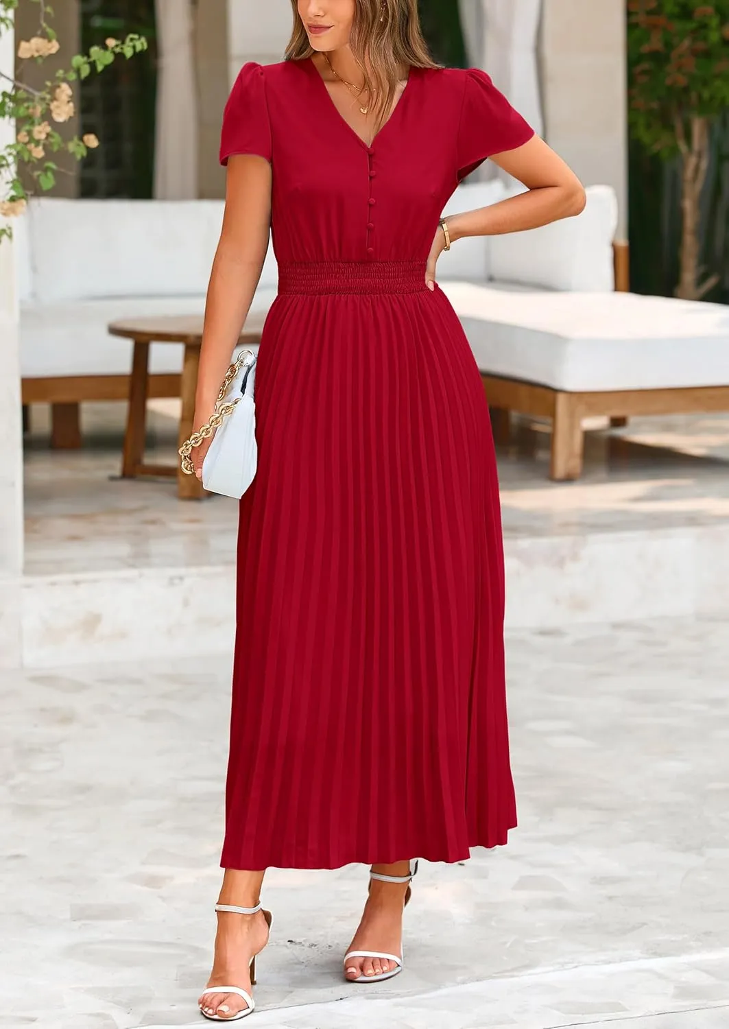 PRETTYGARDEN Women's Maxi Dresses 2025 Summer Trendy Cap Short Sleeve Button V Neck Casual Flowy Pleated Long Dress