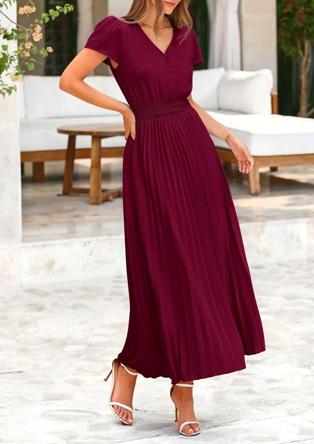PRETTYGARDEN Women's Maxi Dresses 2025 Summer Trendy Cap Short Sleeve Button V Neck Casual Flowy Pleated Long Dress