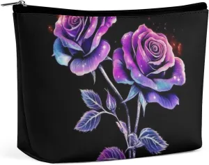 Pu Leather Waterproof Cosmetic Bag for Women, Portable Zipper Pouch Makeup Organizer Bags Colorful Flower Rose Travel Toiletry Pouch Clutch