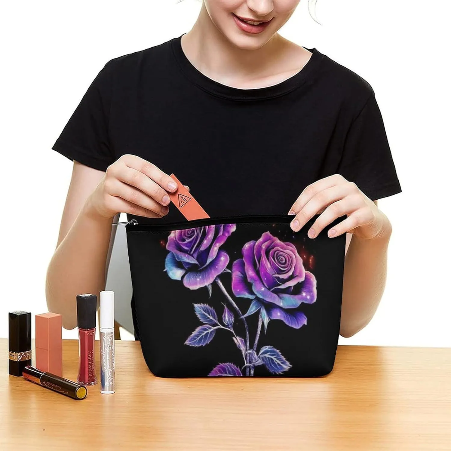Pu Leather Waterproof Cosmetic Bag for Women, Portable Zipper Pouch Makeup Organizer Bags Colorful Flower Rose Travel Toiletry Pouch Clutch