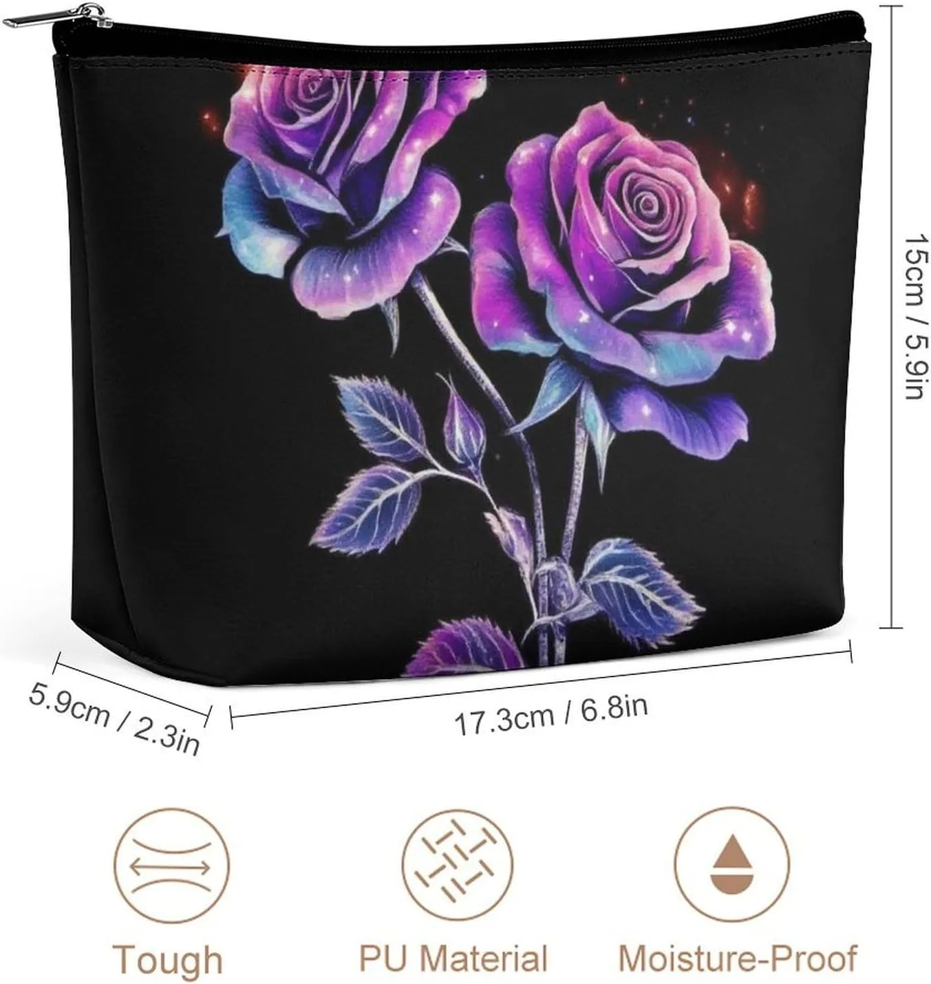 Pu Leather Waterproof Cosmetic Bag for Women, Portable Zipper Pouch Makeup Organizer Bags Colorful Flower Rose Travel Toiletry Pouch Clutch