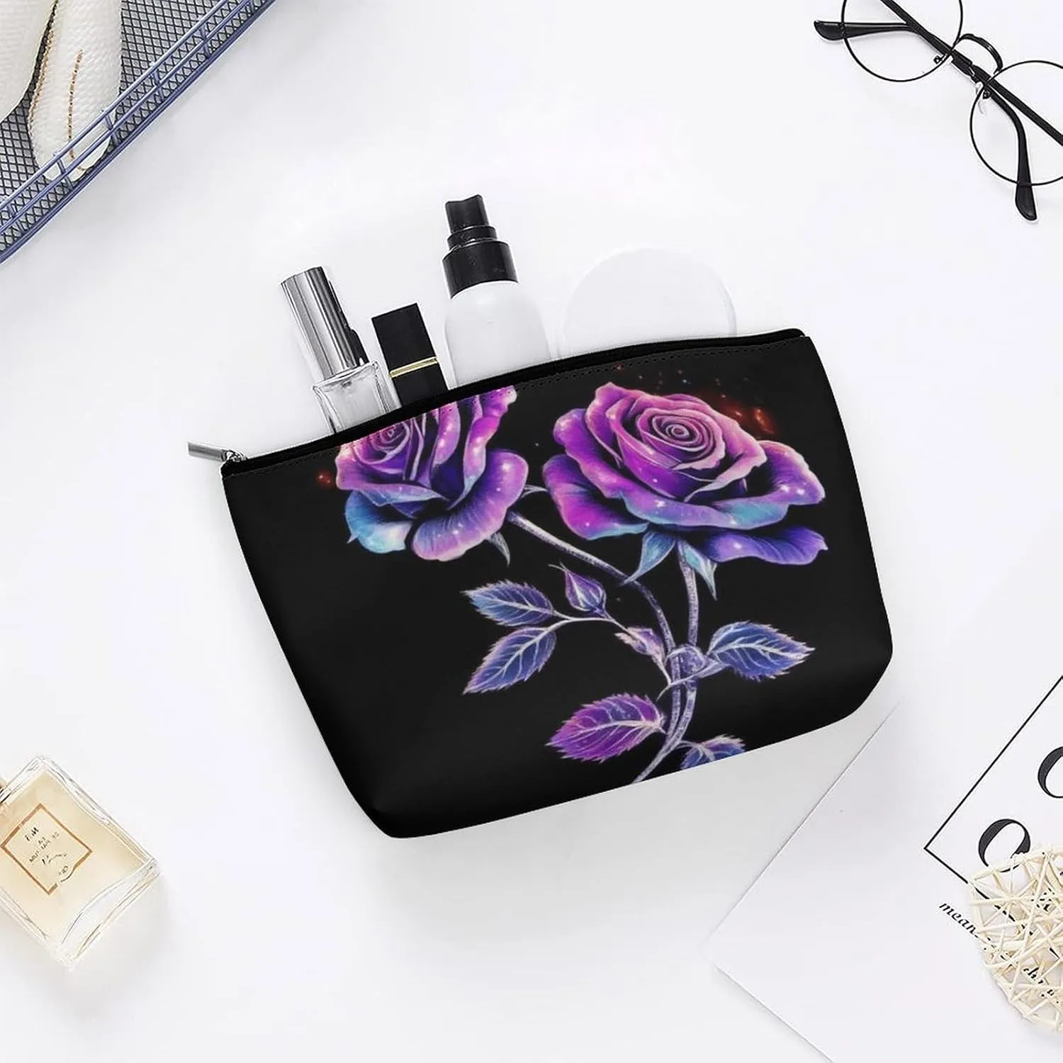 Pu Leather Waterproof Cosmetic Bag for Women, Portable Zipper Pouch Makeup Organizer Bags Colorful Flower Rose Travel Toiletry Pouch Clutch