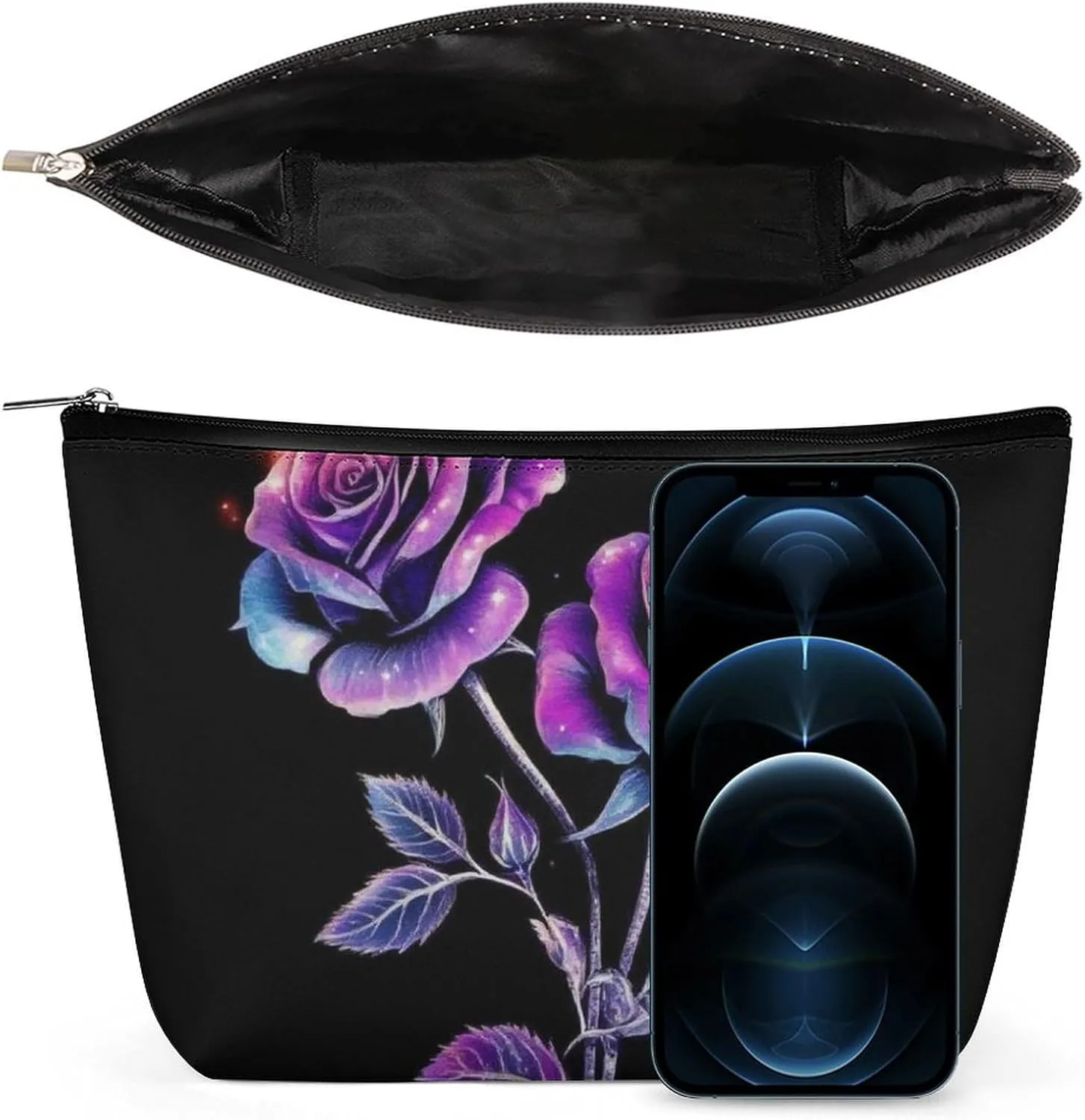 Pu Leather Waterproof Cosmetic Bag for Women, Portable Zipper Pouch Makeup Organizer Bags Colorful Flower Rose Travel Toiletry Pouch Clutch
