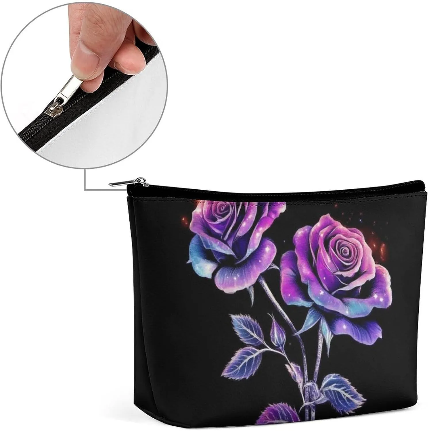 Pu Leather Waterproof Cosmetic Bag for Women, Portable Zipper Pouch Makeup Organizer Bags Colorful Flower Rose Travel Toiletry Pouch Clutch